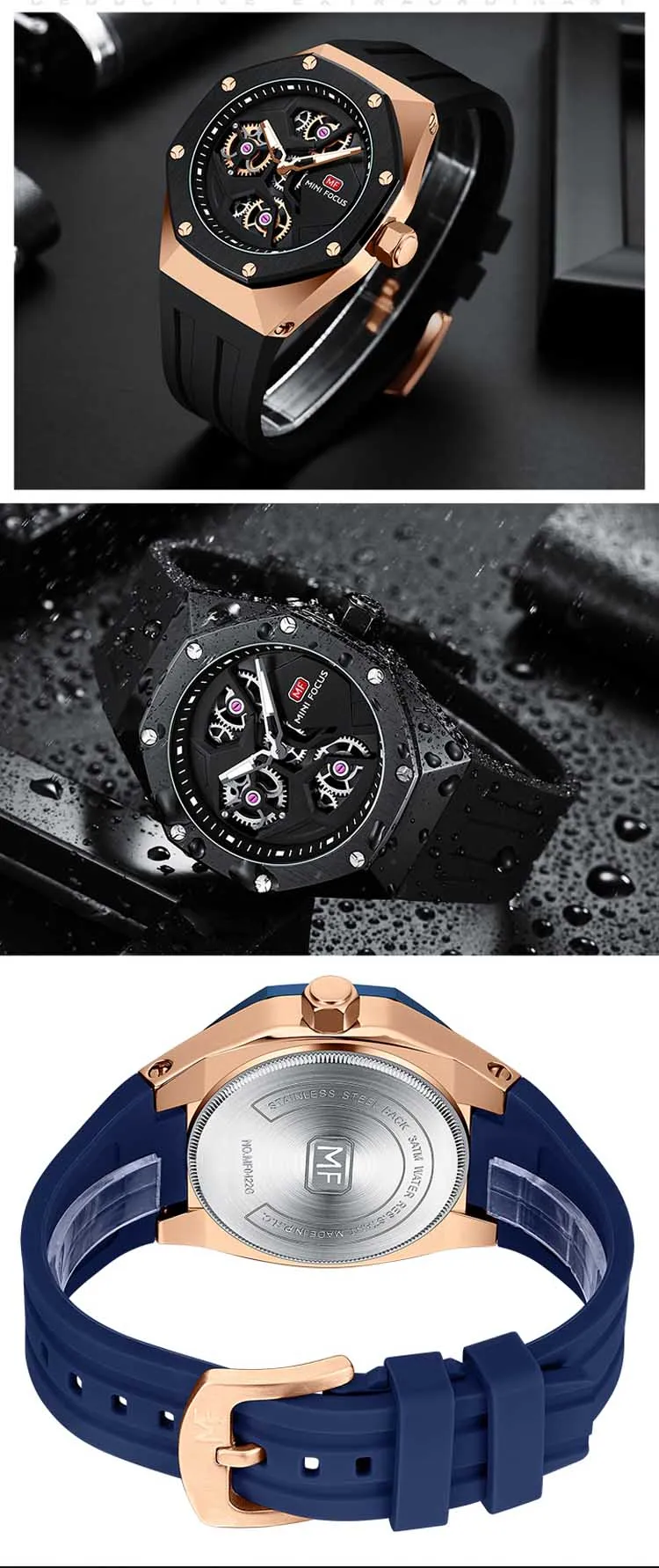 Mini Focus MF0422G Wholesale Blue Gents Quartz Watch Stylish Silicone Band Water Proof Skeleton Vintage Casual Wrist Watch