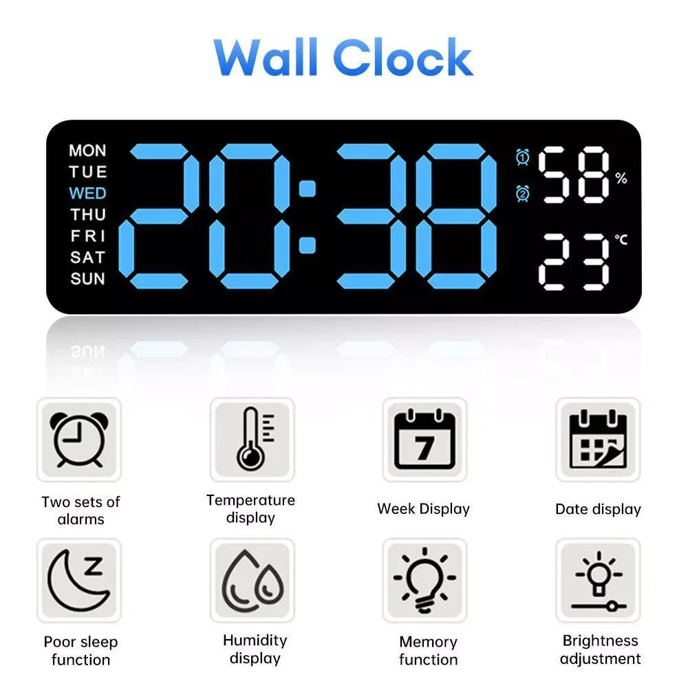 13 inches Wall-Mounted Digital Remote Control Digital  Wall Clock with Adapter Date Week Display Table Alarm Clock