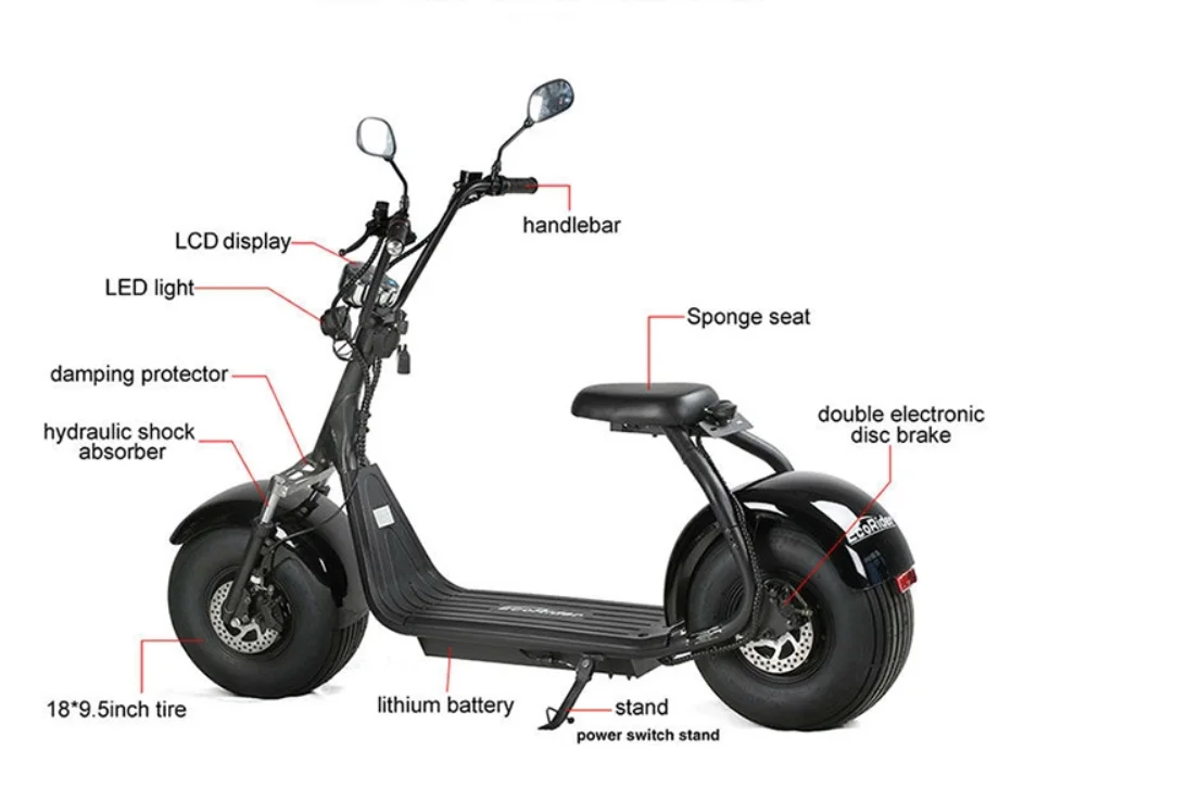 
2020 hot selling smart two wheeled electric scooter big seat 72V1500W electric motorcycle 10*3.5tubless tire/disc brake/carrier 