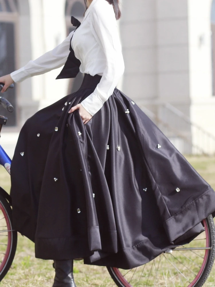 mid-length high waist pocket satin classic umbrella skirt slimming hand-stitched retro style Skirts