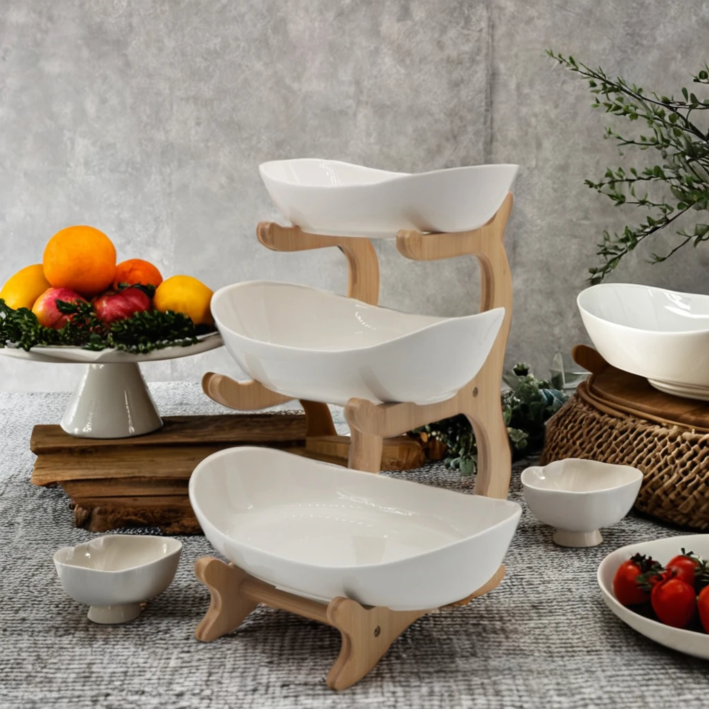 ASPIRE 3-Tier White Ceramic Fruit Bowl with Bamboo Wood Stand Sustainable