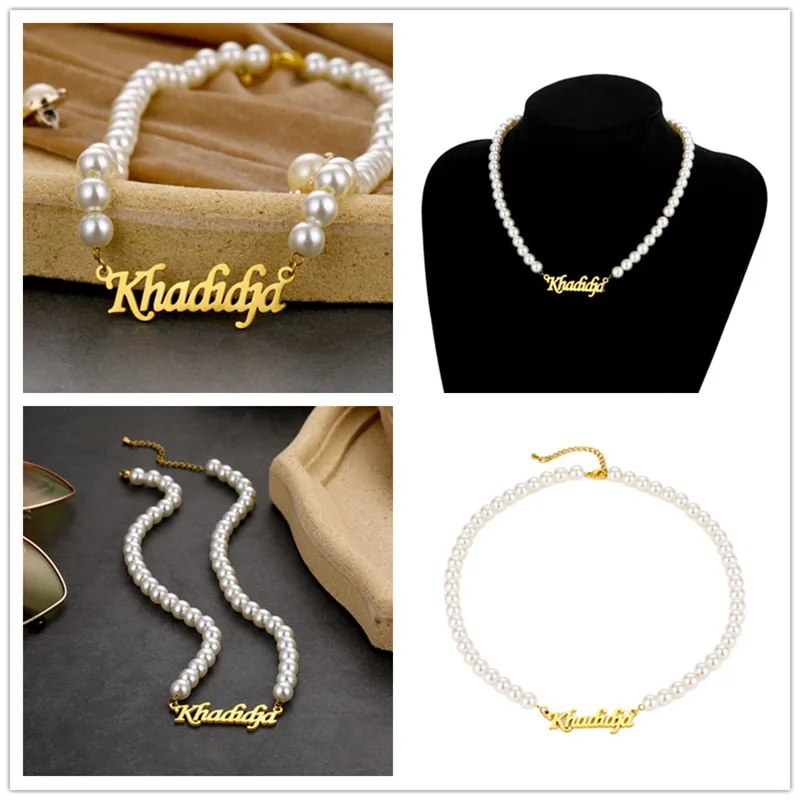 Kids name plate personalized Custom Mom Letter Pendant Heart Engraved necklace Diy Name Pearl necklace