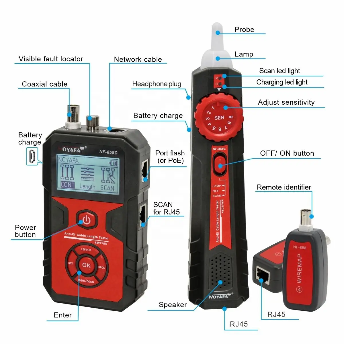 Usb Nf-858c Rechargeable Cable Tester Lan Coax Wire Length Measuring Visual Fault Locator