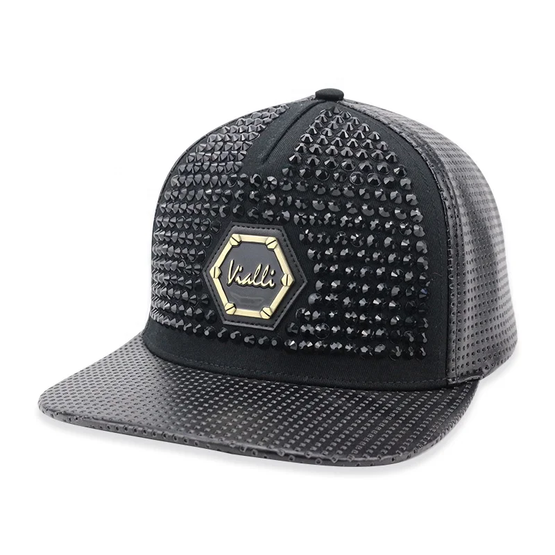 Модная черная шапка с бриллиантами на заказ Кепка кнопкой сзади в стиле хип-хоп модная мужская из искусственной кожи