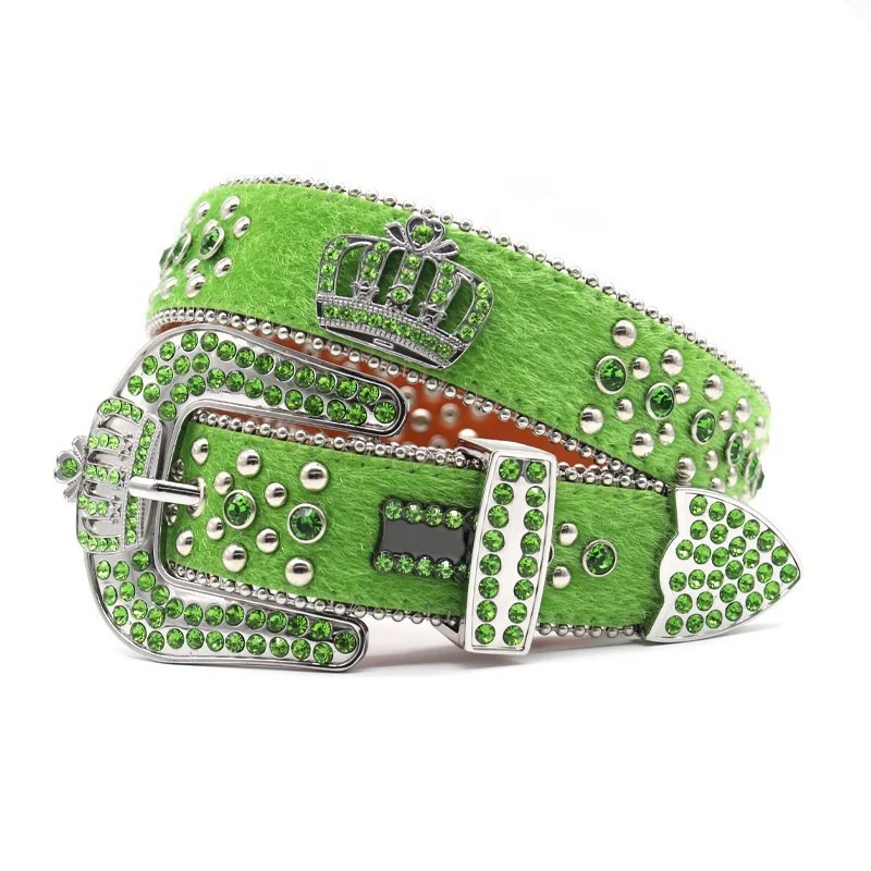 Fashion Crown Studded Buckle Faux Fur Green PU Lather Ladies Rhinestones Punk Belts for Woman Custom Logo