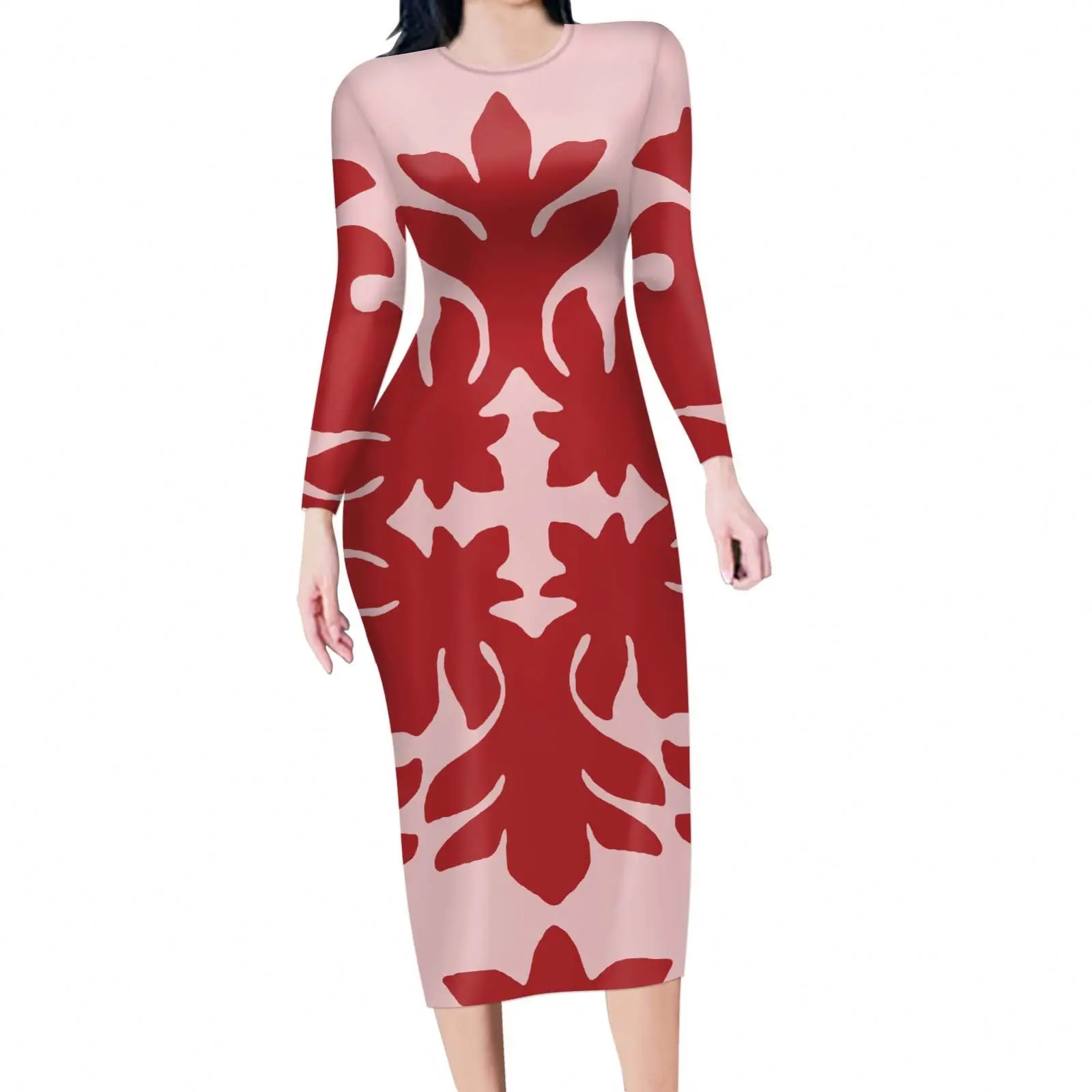 Hawaii Polynesian Mandala Ethnic Tribal Red & Pink Pattern Long Sleeve Dresses Women Autumn Office Dresses Women Formal Elegant