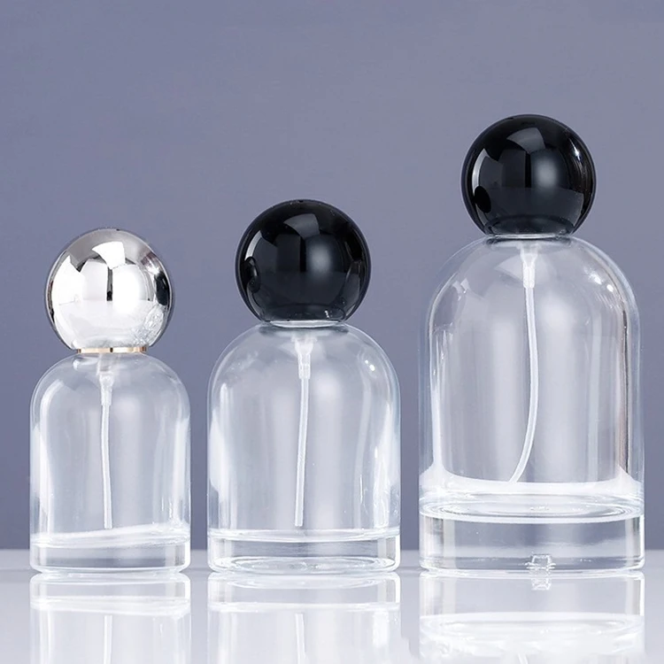 Logo Custom Round Shape Empty Glass Crimp Neck Spray Perfume Bottle 50ml With Ball Shape Cap