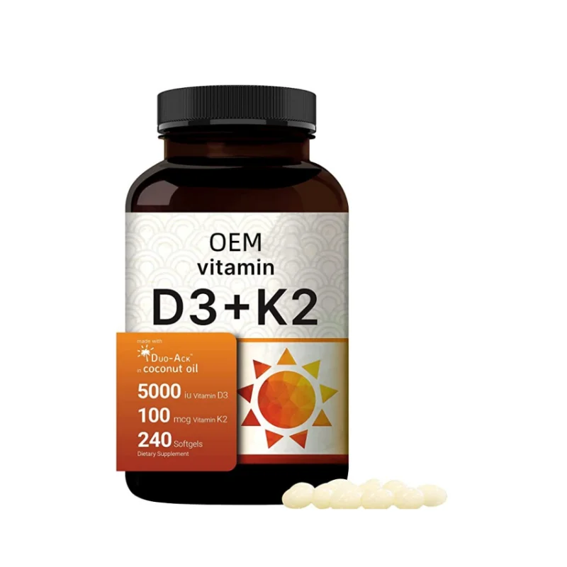 HOT Sale OEM Vitamin D3 K2 (MK7) with Virgin Coconut Oil 240 Softgels Vitamin D3 5000 IU & K2 MK7 100mcg