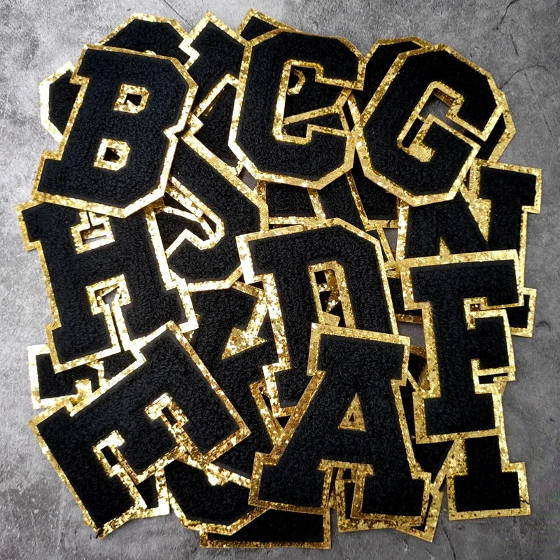 Fashion Style 8CM Height Large Size Chenille Black English Letters Iron on Patches For Clothing Embroidery Clothes Applique