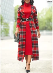 2022 winter clothes Fake 2in1 Tartan Print Wine Red Dress