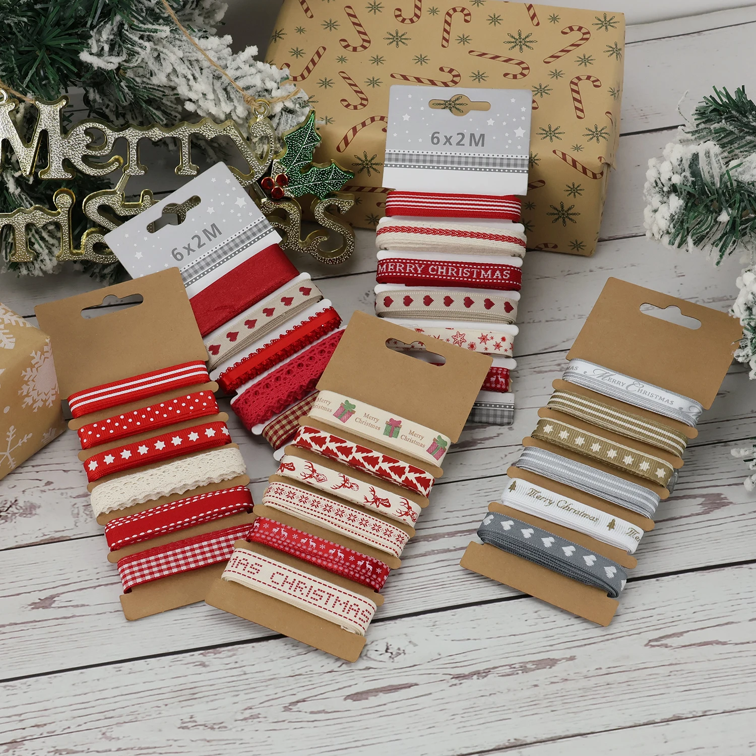 Custom Print Mixed Flower Decorative Ribbon Set 100% Polyester Multi-Color Combination for Christmas Holiday Card Wrapping