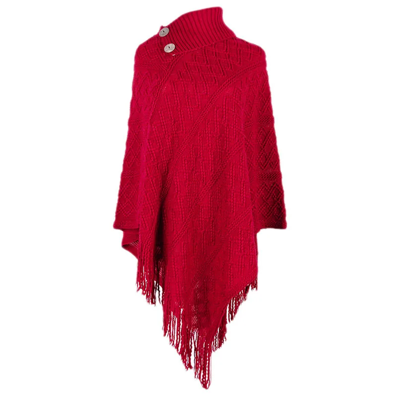 Plain Knitted bat sleeve Sweater Women Long Sleeve Tops Warm acrylic shawl Western Bohemian Mexican Turtle Neck with Button Cape