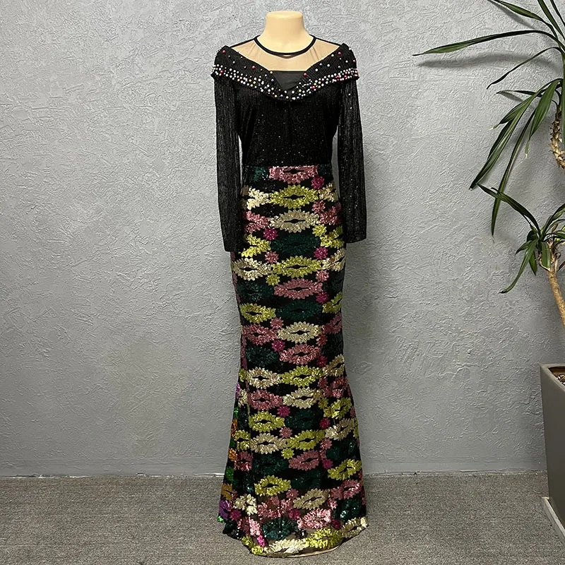 African Elegant Lovely Shining Colorful Sequin Bodycon Dress Ankara Lady Maxi Dresses For Women K0561