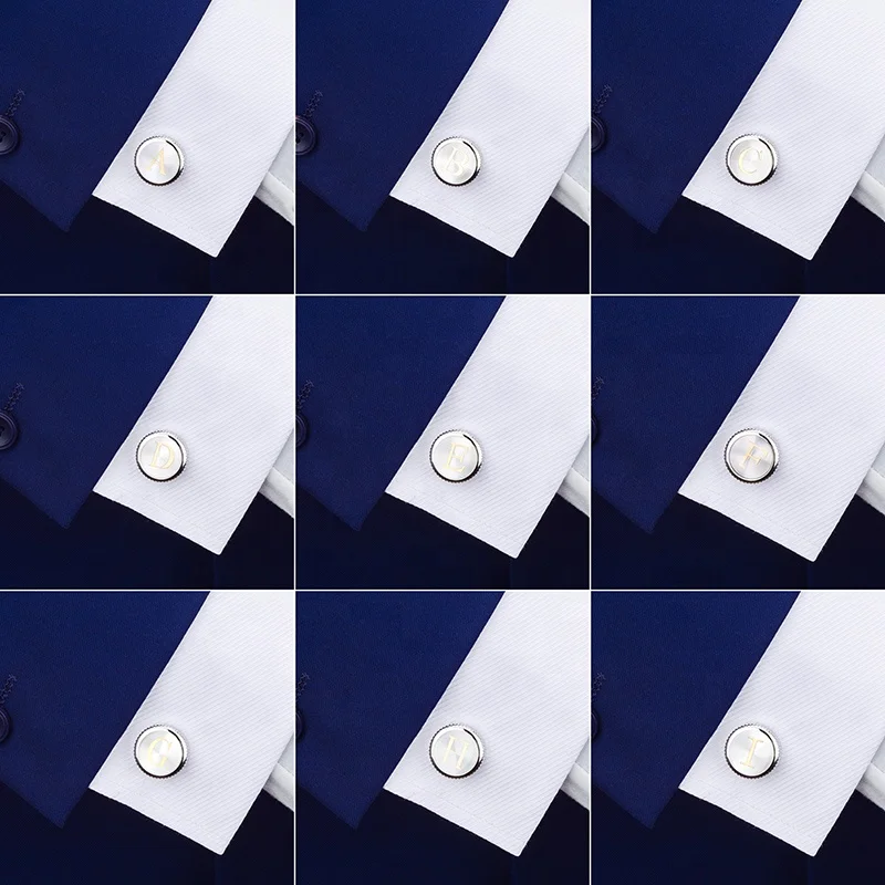Newest 26 Letters Cufflinks for Mens High quality Round Brass Base Gold Alphabet Cuff links with Transparent acrylic