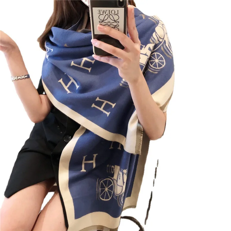 Large Warm Cashmere Winter Scarf Shawl High Quality Korea Jacquard Letter Carriage Gorgeous Scarf For Ladies