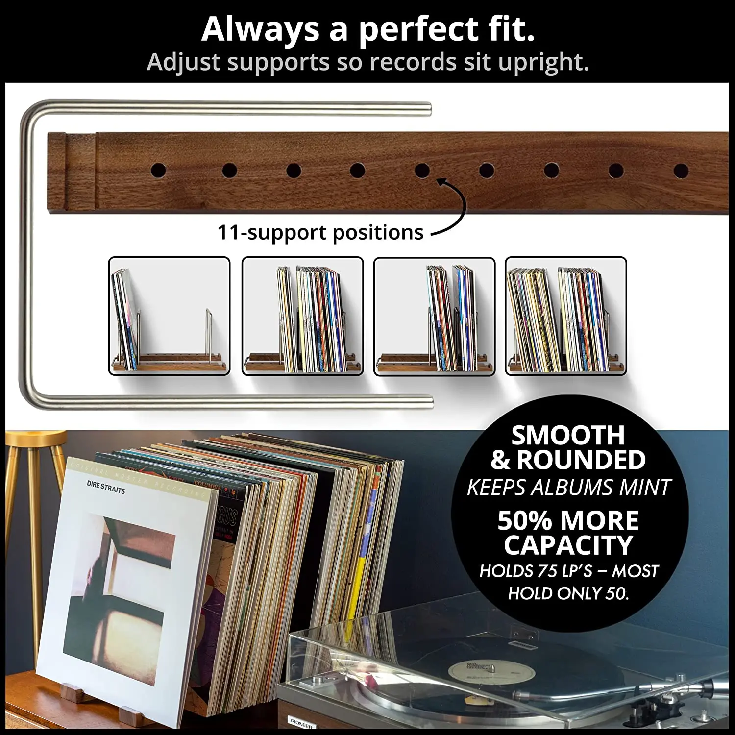 Solid Walnut Wood Record Holder, Built-in Now Playing Vinyl Record Stand, Use for Record Storage