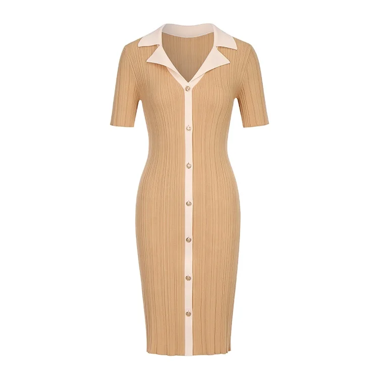 Wholesale High Quality manufacturers custom summer suit collar elegant casual high end women knit dresses