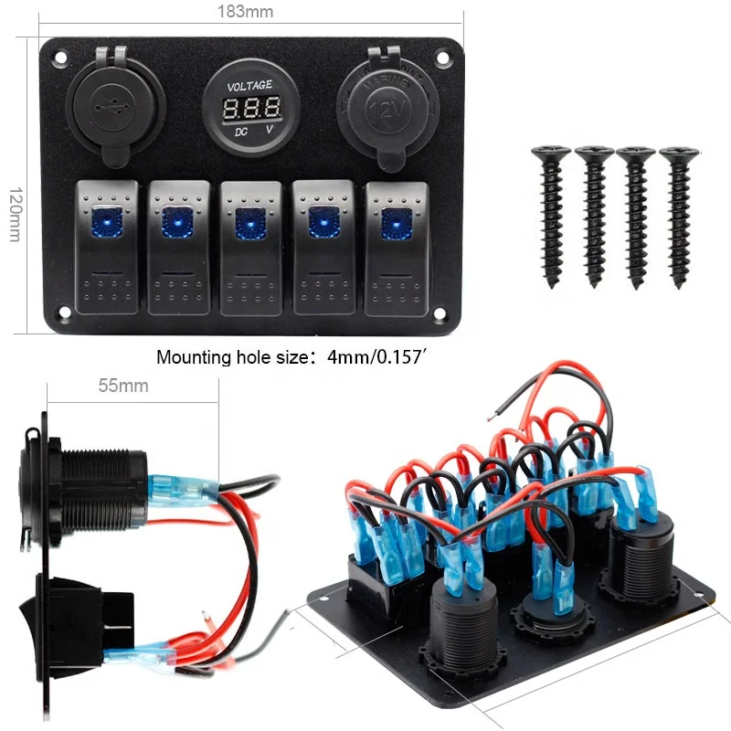 5 Gang Rocker Switch Panel ON Off LED Light Switch with 3.1A USB Digital Voltmeter Cigarette Lighter Socket