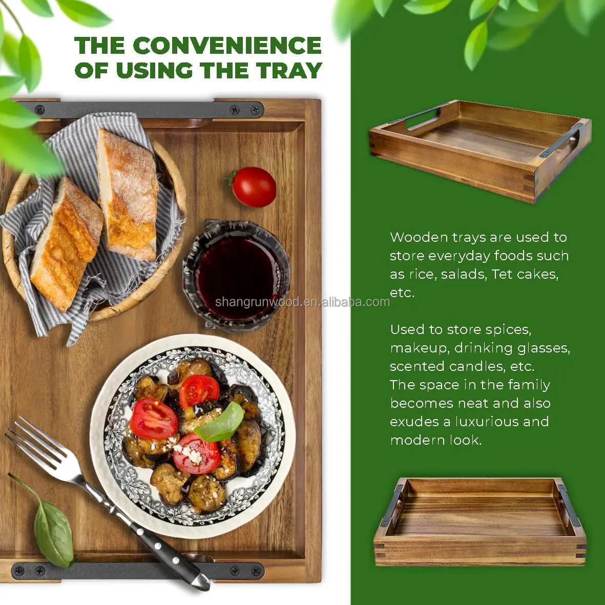 Wood Serving Tray With Black Metal Handles, Household Products Rectangular Wood Tray For Ottoman, Food, Breakfast, Eating Tray