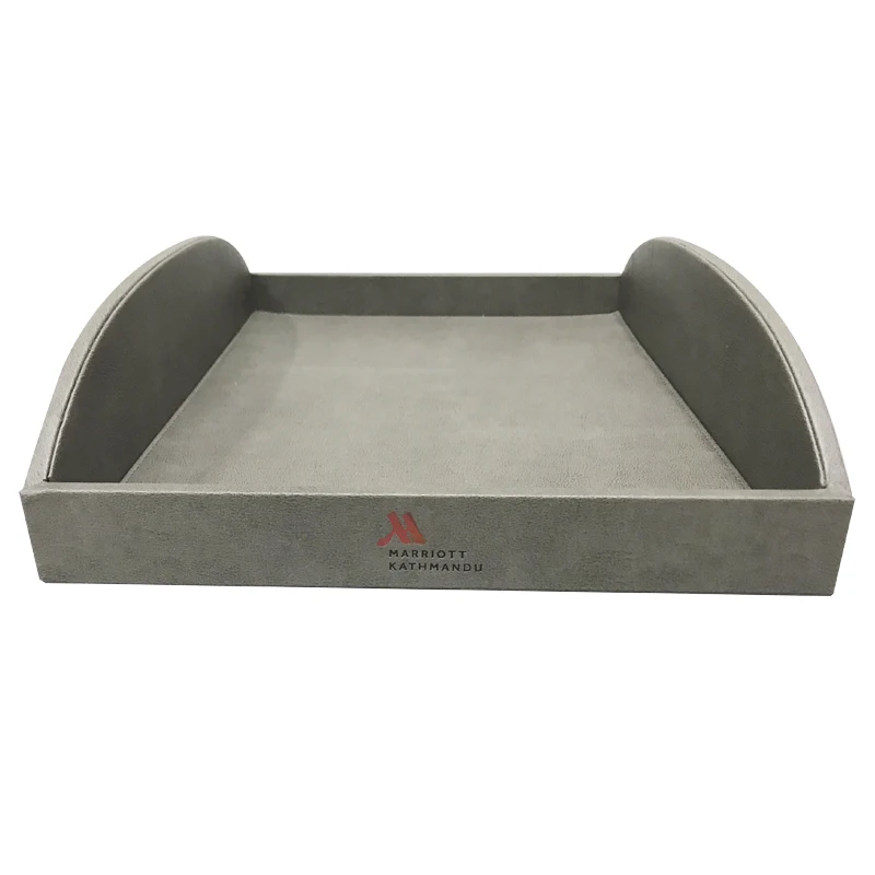 Gray Star Hotel guestroom faux leather storage tray with electrical kettle tea cups tea coffee sachet faux leather serving tray