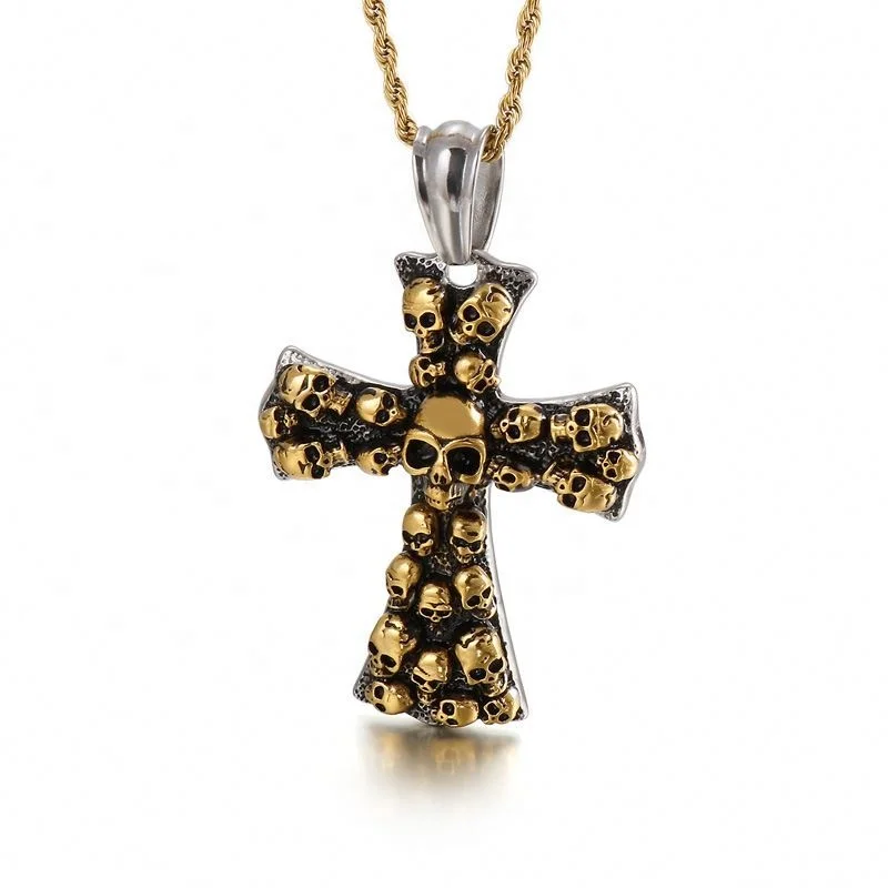 Halloween Cross Pendant Long Chain Necklace Cross Skulls Necklace Punk Jewelry Stainless Steel Cross Pendant Necklace for Men