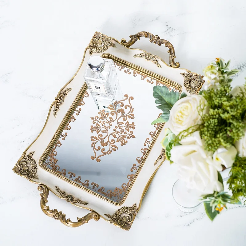 
decorative custom hotel storage dessert tray set serving antique mirror square polyresin jewelry resin fruit gift tray wedding 