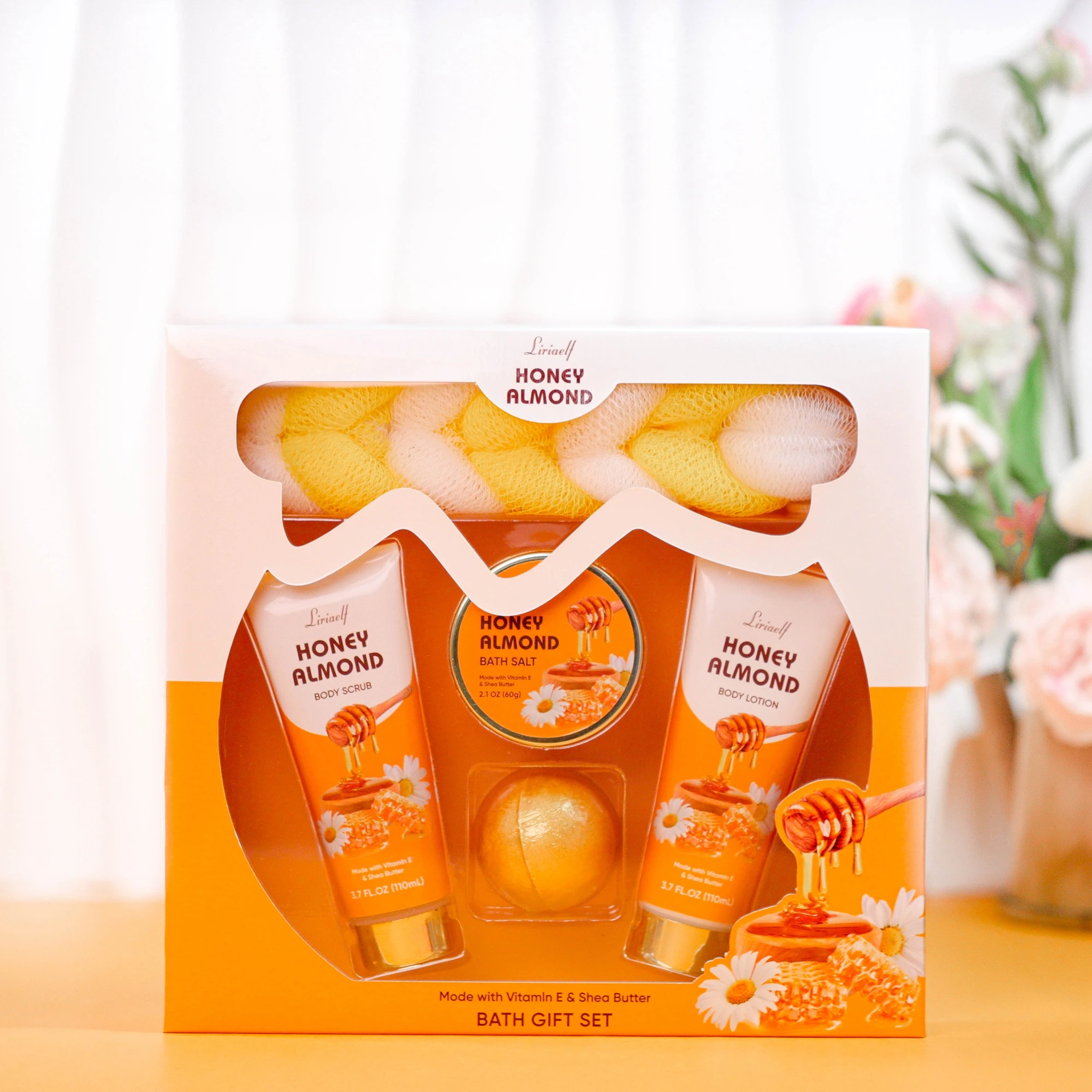 New design honey almond body scrub lotion bath bomb spa gift sets for women shower