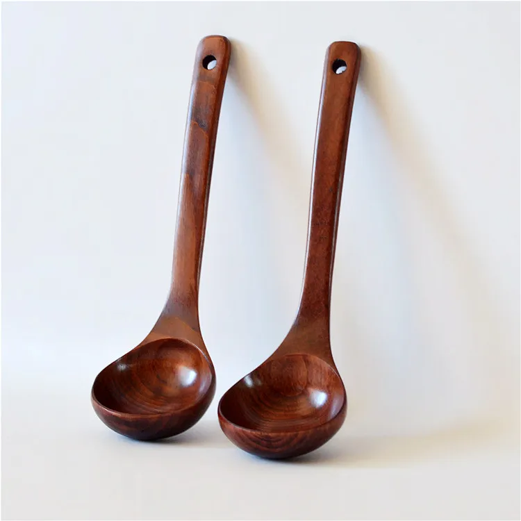 Chinese Wholesale Custom Logo Hotel Dark Brown Long Handle Big Hot Pot Ramen Wood Soup Spoon For Tableware