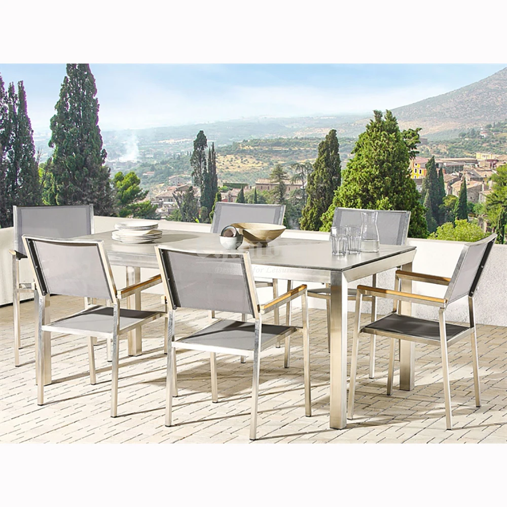 Luxury Outdoor Furniture Stainless Steel Tables And Chairs High Quality Garden Dining Set With Stone Top