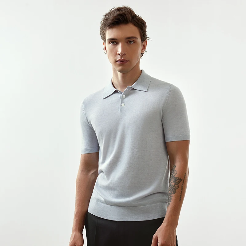 Wholesale Small Batch Business Lightweight Knitted Sweater Men Buttons Polo Collar 100% Wool Tops