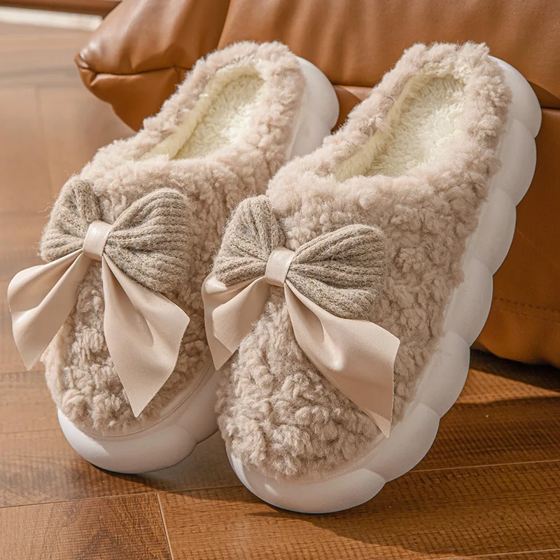 Bow cotton slippers 2024 new lovely female home autumn winter indoor warm cotton slippers winter
