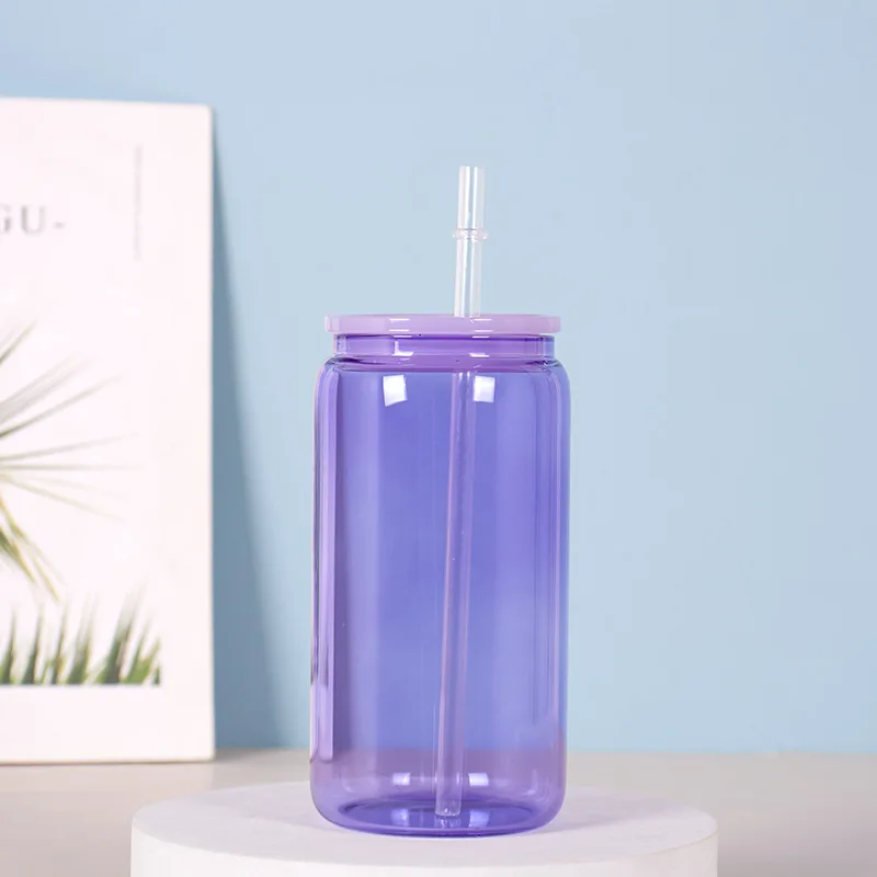 Wholesale Glass cup sublimation solid color glass 16oz Mason Jar Drinking Glass Cup with Straw and plastic cover