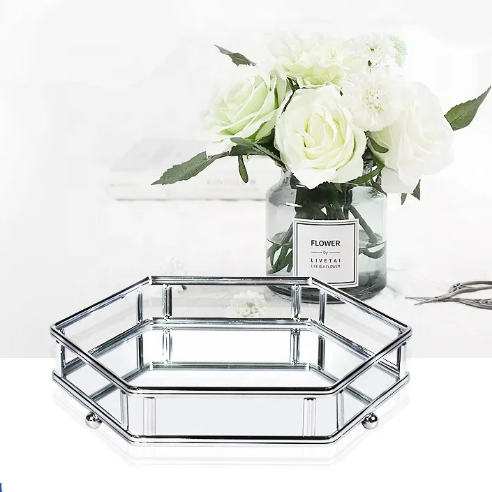 European Metal Glass Jewelry Display Plate Geometric Tray Mirror Silver Rose Gold Jewelry Storage Ring Dish Decoration Shelf