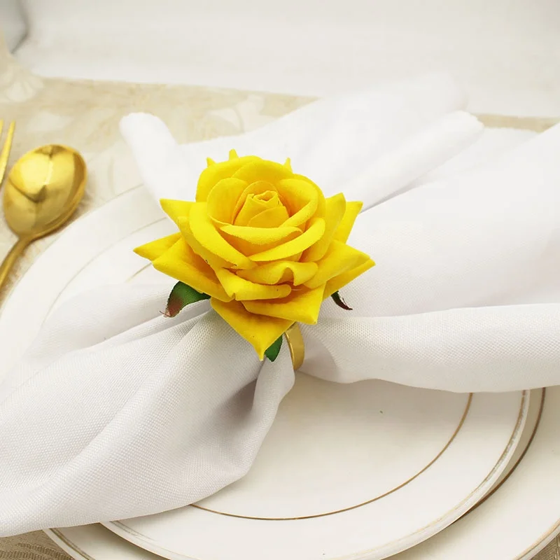 Newest Yellow Rose Flower Napkin Rings Gold Wedding Napkin Rings Holder Handmade Cloth Napkin Rings HWW01