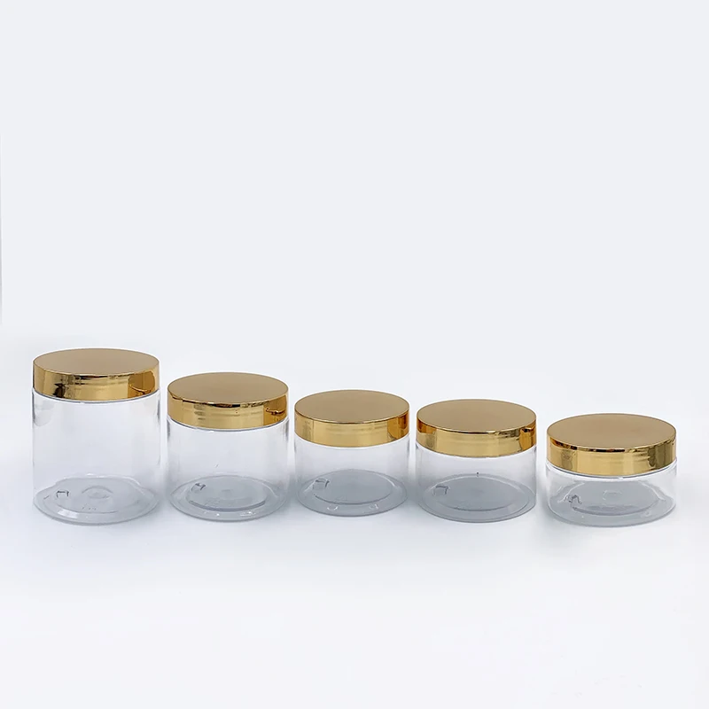 100ML 200ML 300ML 500ML pet transparent bottle cosmetic container food grade plastic jar with gold lids 150ml 250ml 600ml 1000ml