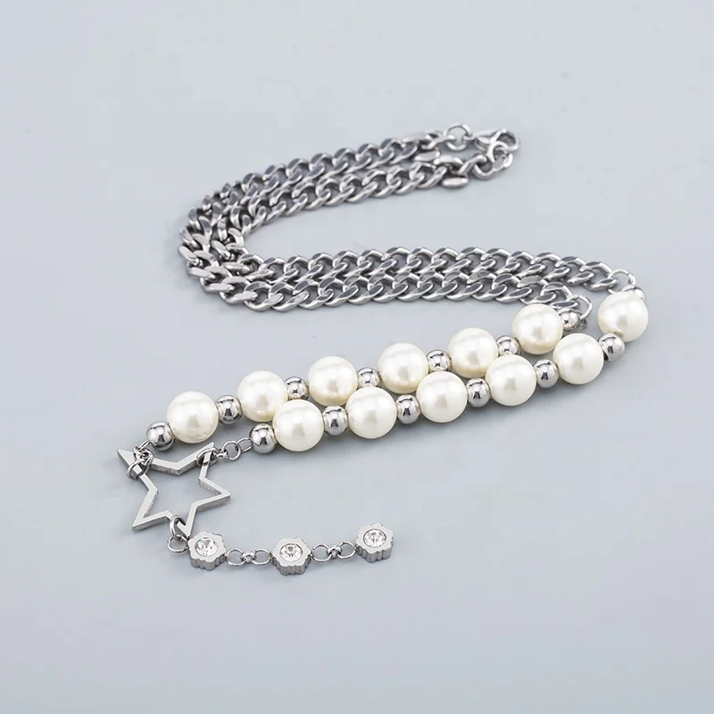 2022 New Punk Trend Men/Women Long Sweater Chain Stainless Steel Rhinestone Pearl Star Pendant Necklaces