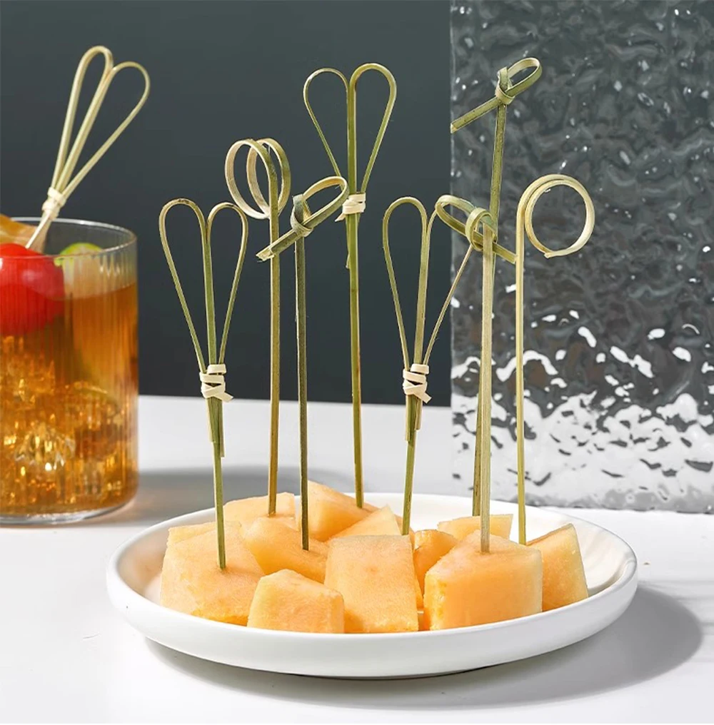 Bamboo Knot Sticks with Twisted Ends Flat Shape Cocktail Picks for BBQ Fruits Cleaning Pack in Bag Perfect Tools