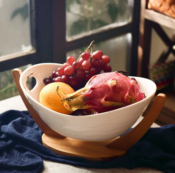 3 Pcs set Relish Tray with White Ceramic Bowl. Server Set with Bamboo Rack