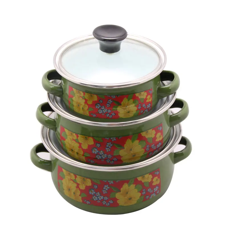 Eco-Friendly Carbon Steel Cookware Set with Glass Lid Cast Iron Enamel Kitchen Ware Composite Bottom
