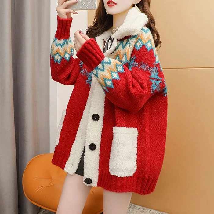 2021 fashion vintage design christmas womans sweater long sleeve knitwear trendy casual lambswool sweater cardigan for women