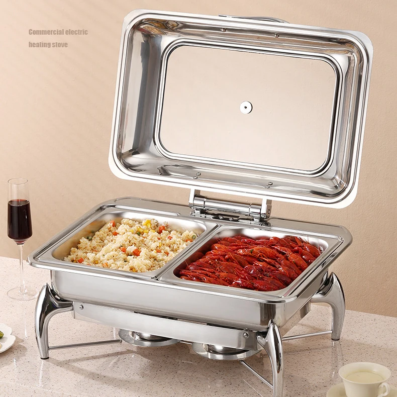 hot sales high quality 9L glass lid alcohol stove rectangular stainless steel chafing dish for hotel restaurant