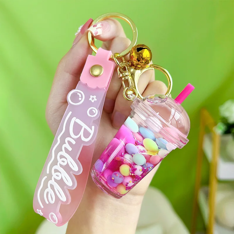 Acrylic Luminous Oil Sugar Soy Milk Tea Cup Keychain Car Pendant Floating Quicksand Couple Bag Key Chain Couples Gifts