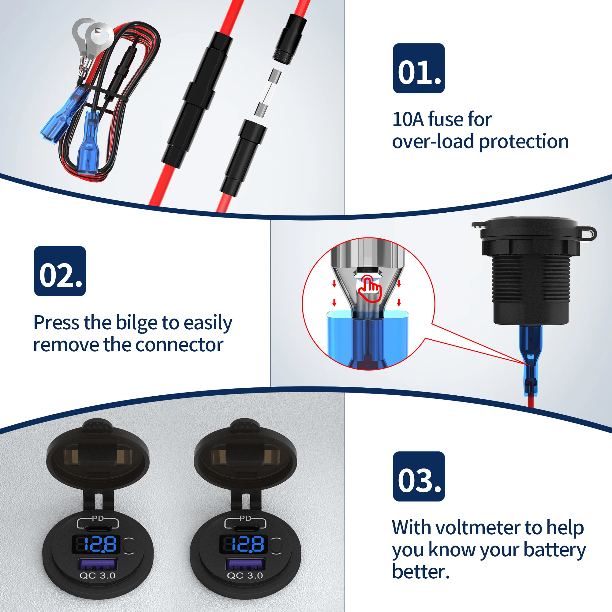 DC 12 Volt Waterproof QC3.0 USB Type C 2 Port Car Charger Dual USB Socket with 12-24V Range for RV Marine Use