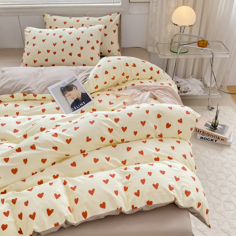 Wholesale A Washed Cotton Heart Printed  Wrinkle 4PCS Flat Sheet Bedding Set