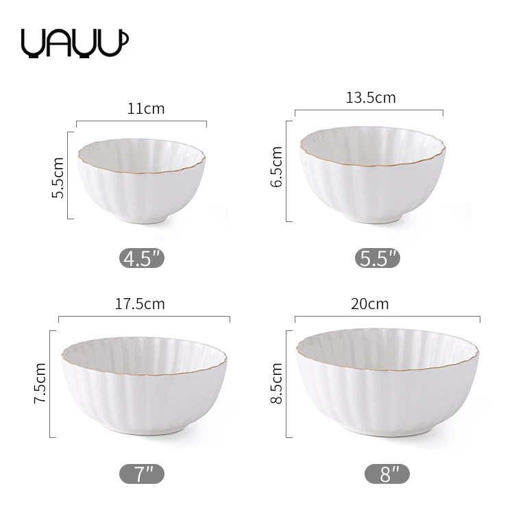 Multiple sizes round breakfast ceramic ice salad bowl / white bowls with gold