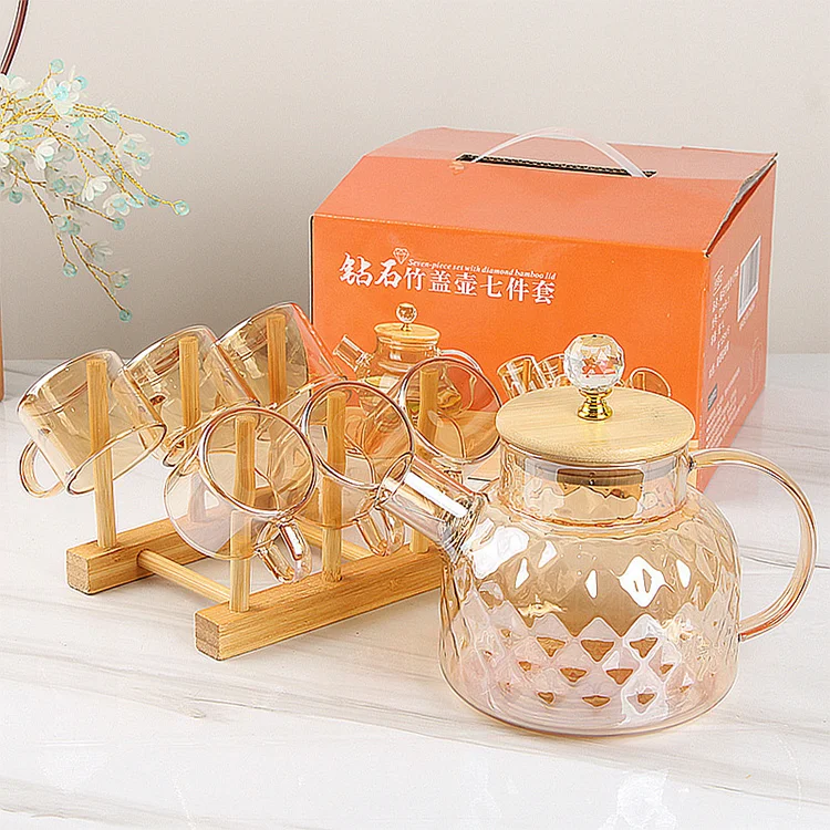 Glass Water Pitcher Premium Quality Electroplating Elegant Custom Color Restaurant 6pcs Glass Water Pot Cups Jug