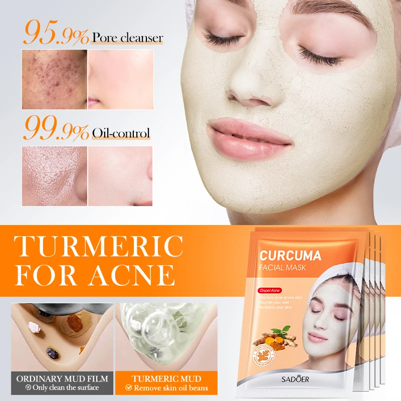 SADOER Natural Turmeric Extract Acne Removal Mud Facial Masks Skincare Cleansing Blackheads Hydrating Brightening Clay Face Mask