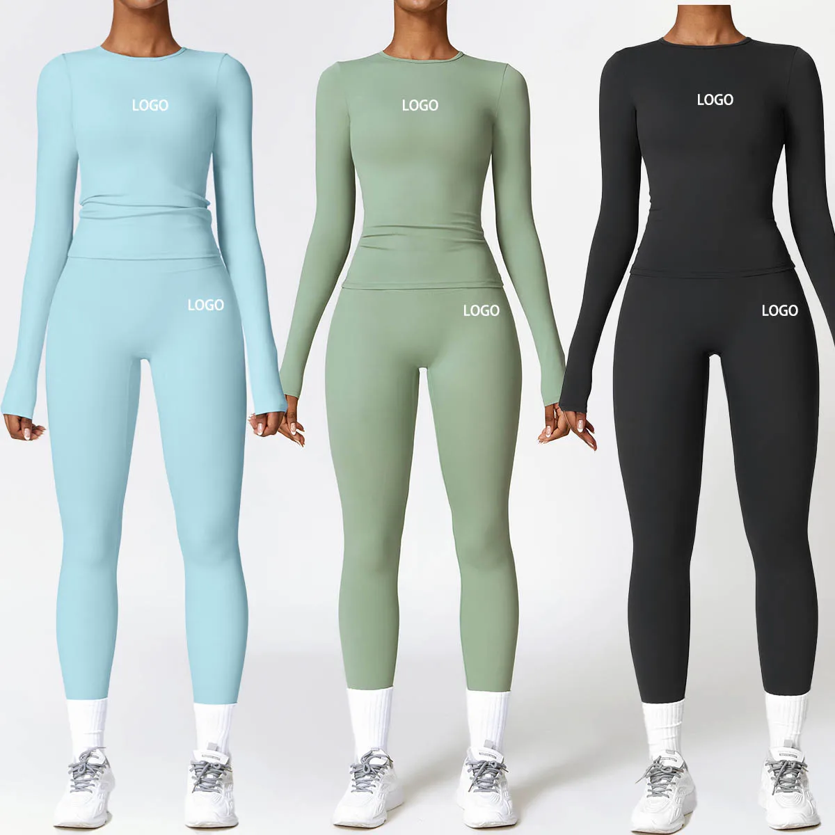 long sleeves ropa deportiva mujer Custom workout wear suit women sportswear set activewear high waist fitness yoga sets women