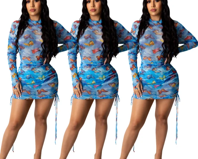 
Fashionable sexy transparent gauze butterfly print dress 