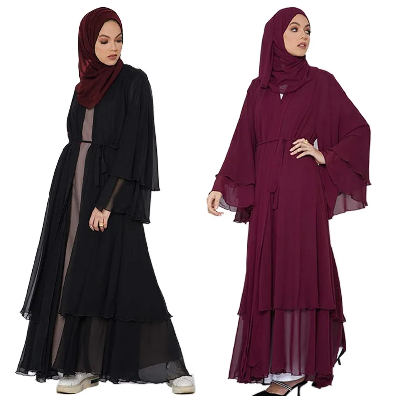 High Quality Double Layer Ruffle Abaya Dubai Islamic Modest Clothing Black Chiffon Open Abaya Kimono for Muslim